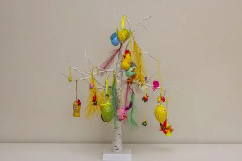 Close up view of colorful Easter tree home decoration isolation. Stock Photos