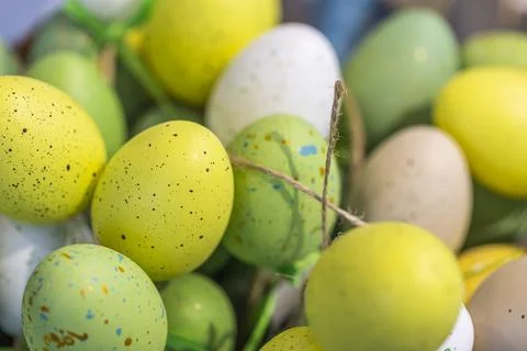 Close up view of colorful eggs. Easter decoration element. Stock Photos
