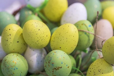 Close up view of colorful eggs. Easter decoration element. Stock Photos