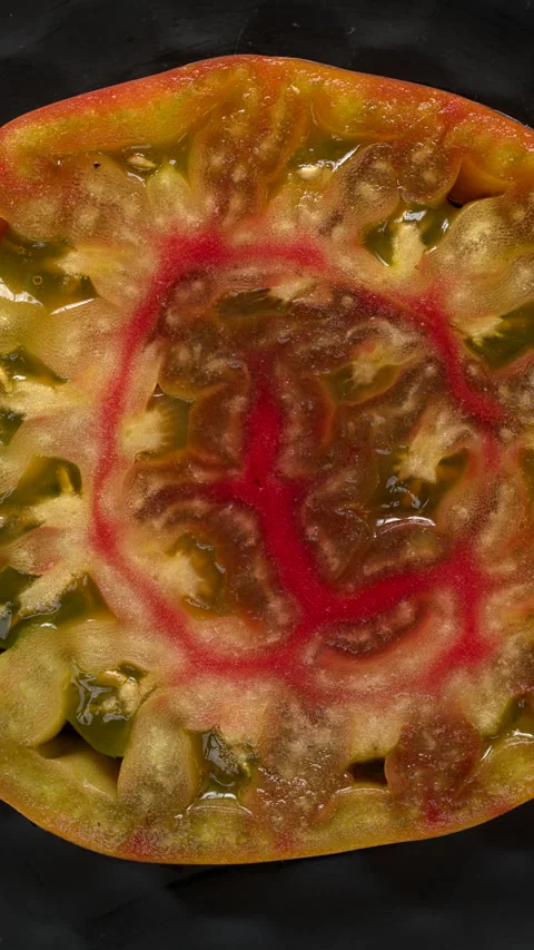Close-up view of a colorful tomato slice. Vertical video. Stock Footage 284084027