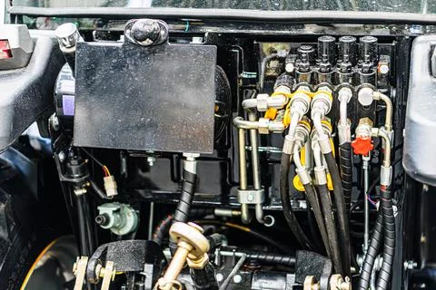 Close-up view of a complex, angled mechanical assembly vehicle pipes, tubes,  Stock Photos