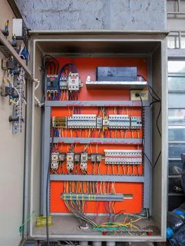 Close-up view of the complex circuit box of a car shop  with the circuits ide Stock Photos