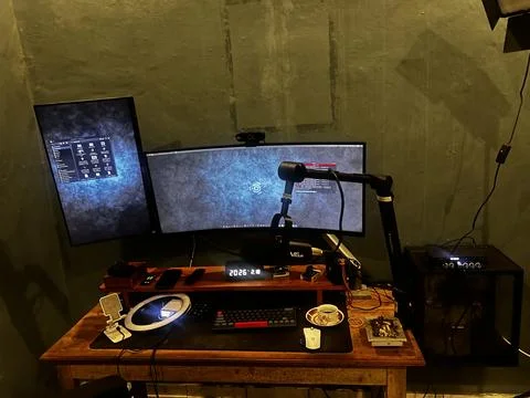 Close View of Computer and Podcasting Setup in Home Studio Foto stock