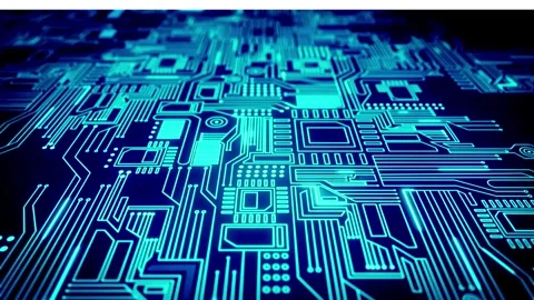 A close-up view of a computer circuit board with blue lights 库存影片 314935048