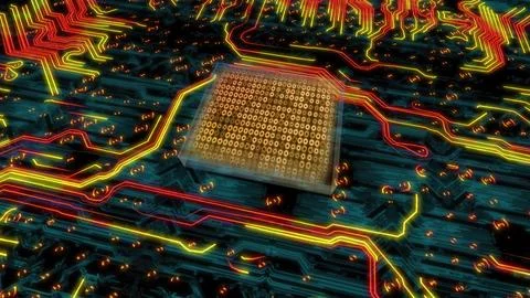 Close-up view of a computer circuit board displaying intricate patterns with Stock Illustration