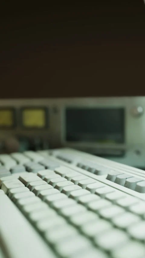 Close view of a computer keyboard and equipment in an office setting at night Stock Footage 334183983