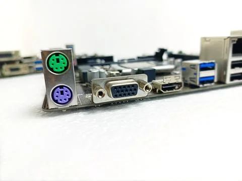 Close-Up View Of Computer Motherboard Back Ports Stockfoto's