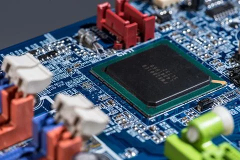 Close up view of computer motherboard with chip Foto stock