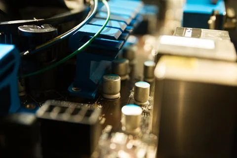 Close-up view of computer motherboard components. 写真素材