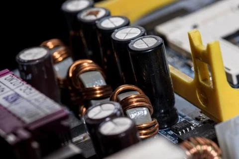 Close up view of computer motherboard elements 스톡 사진