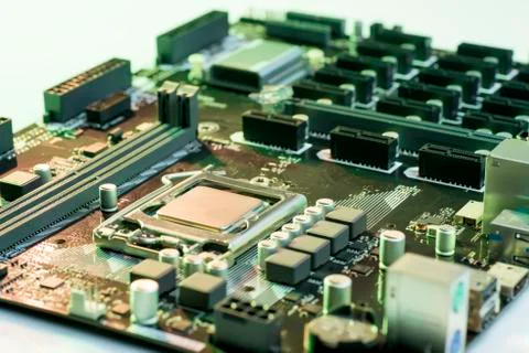 Close up view of computer motherboard with processor, memory and PCI slots 写真素材