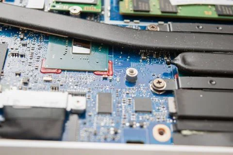 Close-up view of a computer motherboard showcasing intricate circuitry, mic.. Stock Photos