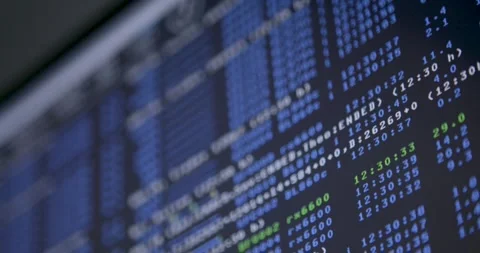 Close-up view of computer screen displaying stock market data in blue and Stock Footage 263647399