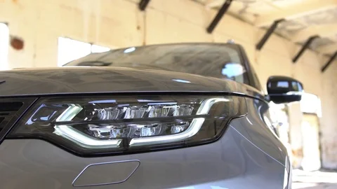 Close up view of contemporary car headlight. Stock Footage 80979092