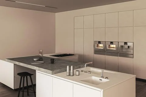 Close-up view of a contemporary kitchen interior with built-in appliances Stock Illustration