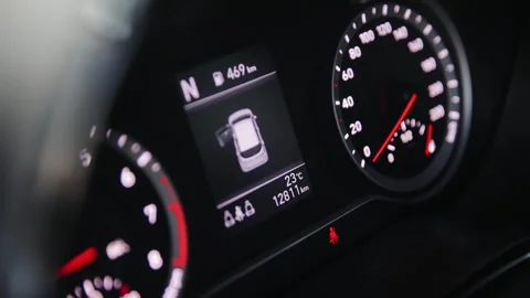 Close up view of control front panel of modern automobile. 23 degrees celsius of Stock Footage 183396716