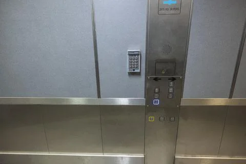 Close up view of control panel of elevator cabin. Sweden. 库存照片