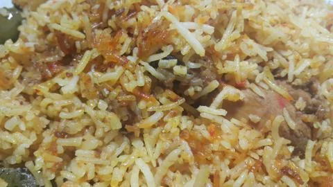 A close up  view of cooked rice chicken biryani made with traditional recipe  Foto stock