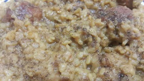 A close up  view of Cooked white rice called Kichra served with meatball in t Stock Photos