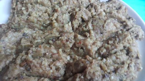 A close up view of Cooked white rice called Kichra Stockfoto's