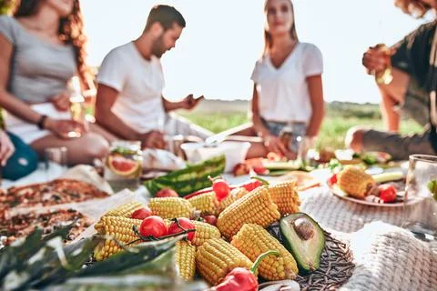 Close up view corn, tomato and avocado on the plate at a picnic Stock Photos
