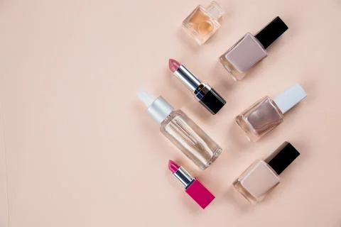 Close up view of cosmetic theme objects on beige background.Top view.Copy space Foto stock