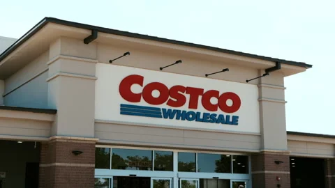 Close up view of Costco Wholesale warehouse store entrance on a sunny day with Stock Footage 340382979
