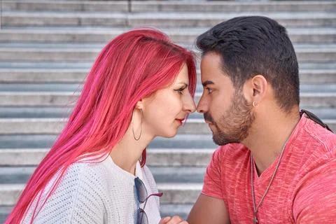 Close-up view of a couple looking into each other eyes. 스톡 사진