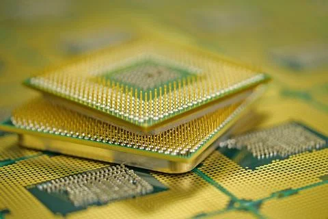 Close up view of CPU unit pins revealing essential part of computer hardware Stock Photos
