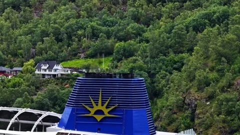 Close View of Cruise Ship Funnel Against Forested Hillside Stock Footage 340306337