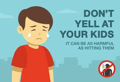 Close up view of crying cute boy. Don't yell at your kids, it can be harmful. Stock Illustration