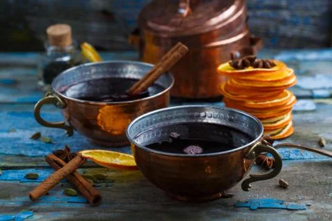 Close view of cup of mulled winem rustic background Stock Photos