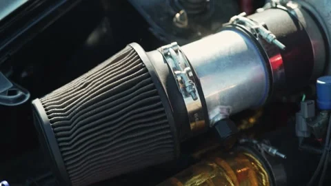 Close up view of custom car engine air cone filter. Stock Footage 342443148