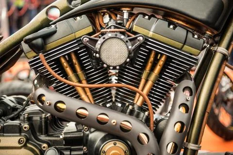 Close up view of a custom motorcycle engine Fotos Stock