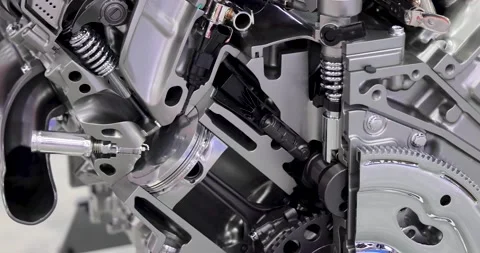 Close up view of cut section of Automotive Internal combustion engine details Stock Footage 235554628