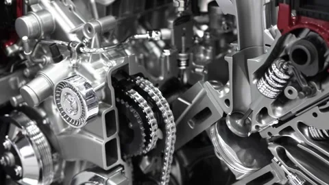 Close up view of cut section of IC engine details with timing belt. Stock-Footage 320204103