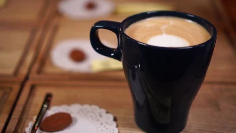 Close up view on cute heart coffee art made with skimmed milk in cappuccino cup Stock Footage 103992883