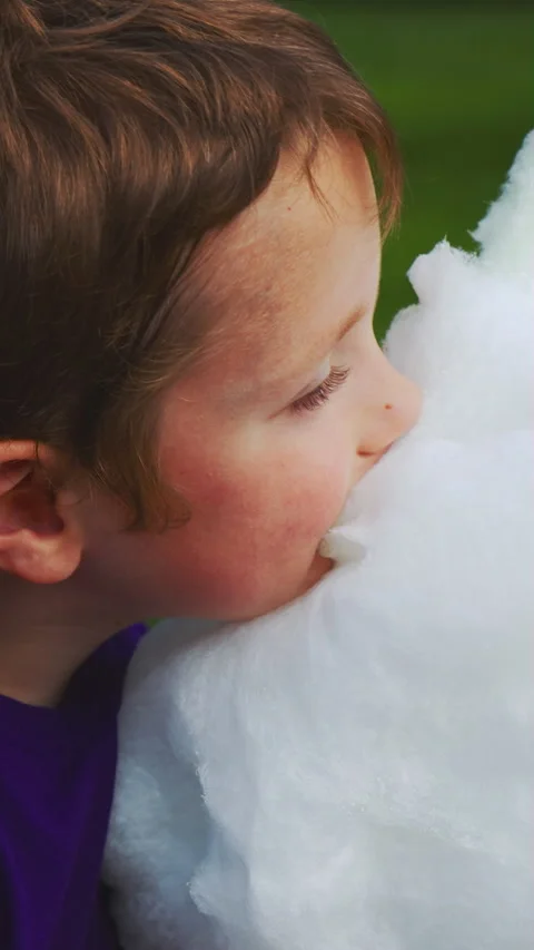 Close up view of cute little boy biting cotton candy floss Stock Footage 346302461