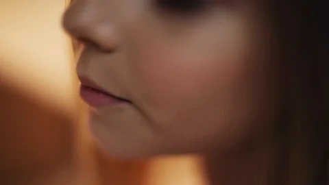 Close up view of cute pink lips of young girl talk speak smile feel happy Stock Footage 98152573