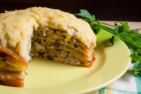 Close up view of cutted pancakes pie with mushrooms and chicken meat. Tradi.. Stock Photos