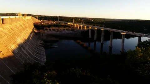Close up view of Dam and river at sunset Video stock 42357331