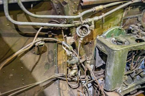 Close-up view of a damaged airplane mechanical assembly, featuring gears, bol Stock Photos
