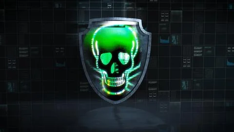 Close-up view of damaged cybersecurity shield with glowing binary elements, Illustrazione stock