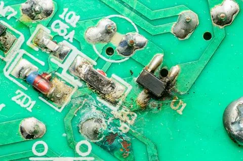 Close-up view of a damaged electronic circuit board with burnt components a.. Photos