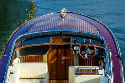 Close view on deck of luxury retro motor boat 写真素材
