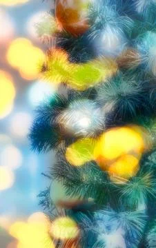 Close up view of decorated Christmas tree with bokeh lights and ornaments Stock Photos