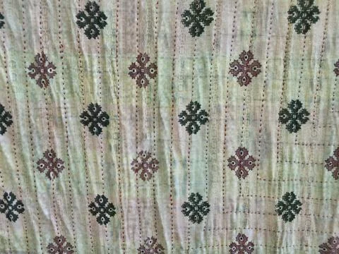 Close up view of a decorative fabric featuring intricate dark patterns stitch Stock Photos