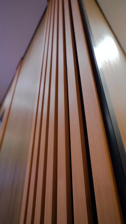 Close View of Decorative Wood Slat Wall Panel Stock Footage 345981291