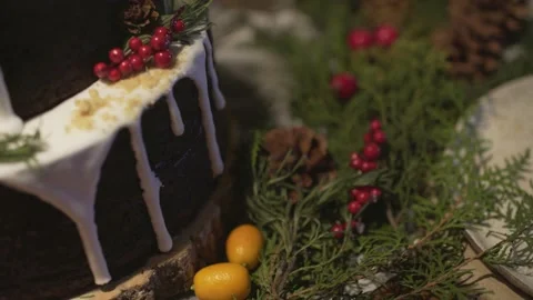 Close up view on delicious gingerbread cake on Christmas dinner table decorated  動画素材 132676665