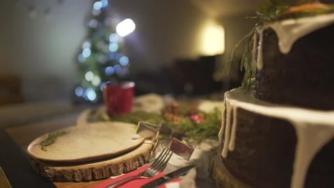 Close up view on delicious gingerbread cake on Christmas dinner table decorated  動画素材 132676681